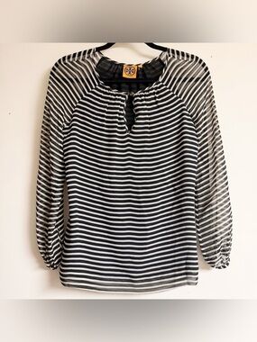Tory Burch Black and White Striped Keyhole 100% Silk Blouse Size 2